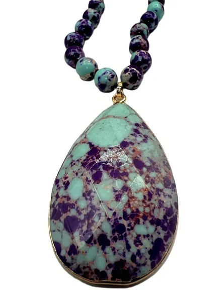 New Purple Teal Colored Stone & Glass Beaded Pendant Necklace - Picture 14 of 15
